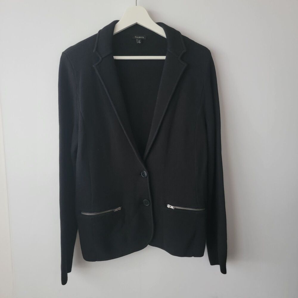 Talbots Women's Knit Blazer Jacket size M two button Zipper Pockets‎ long sleeve